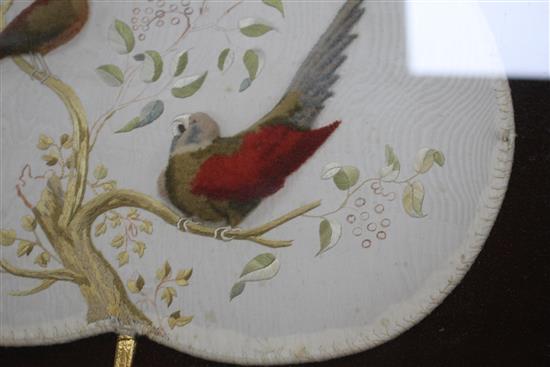 A Victorian silk and felt work hand screen, decorated with exotic birds, framed, 40 x 38cm